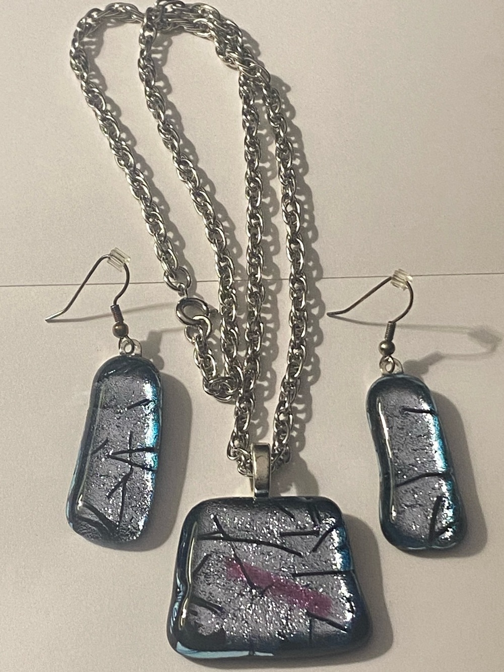 Handcrafted Dichroic Fused Glass Necklace Earring Set in Blue And Silver Chain